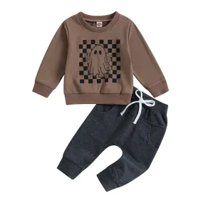 Baby and Toddler Halloween Fall Checkerboard Ghost Peace Sign Outfit