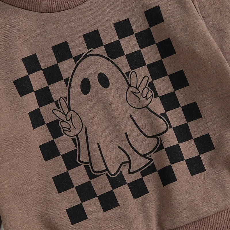 Baby and Toddler Halloween Fall Checkerboard Ghost Peace Sign Outfit