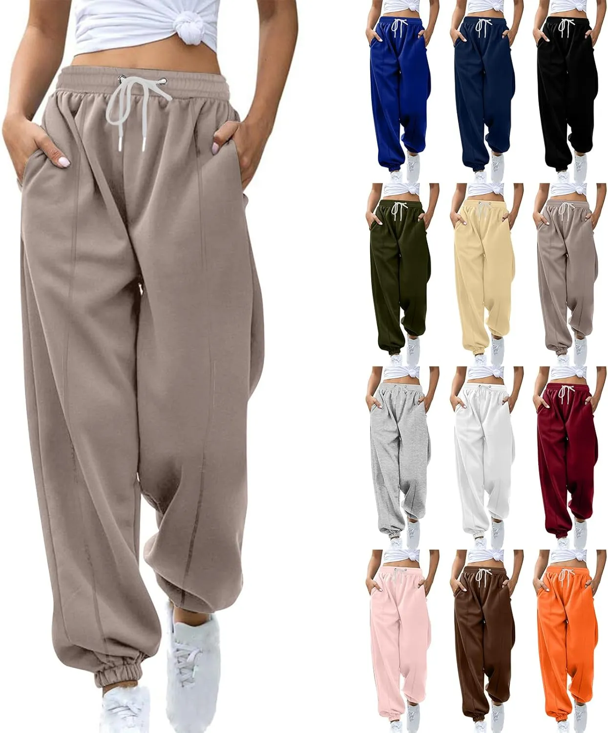 Baggy Sweatpants for Women with Pockets Workout Elastic High Waisted Pants Cozy Drawstring Cinch Bottom Fleece Sweatpant