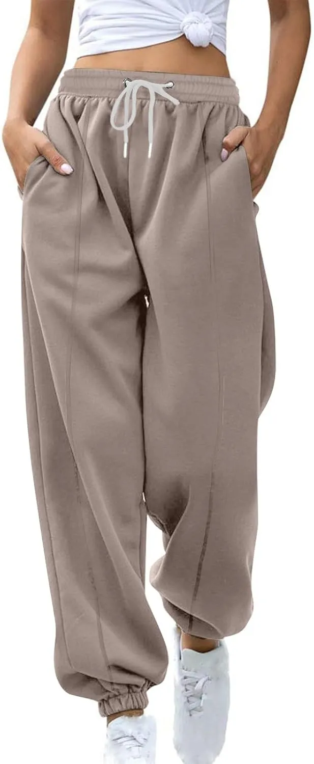 Baggy Sweatpants for Women with Pockets Workout Elastic High Waisted Pants Cozy Drawstring Cinch Bottom Fleece Sweatpant