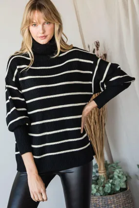 Blue Zone Planet |  Heavy Knit Striped Turtle Neck Knit Sweater