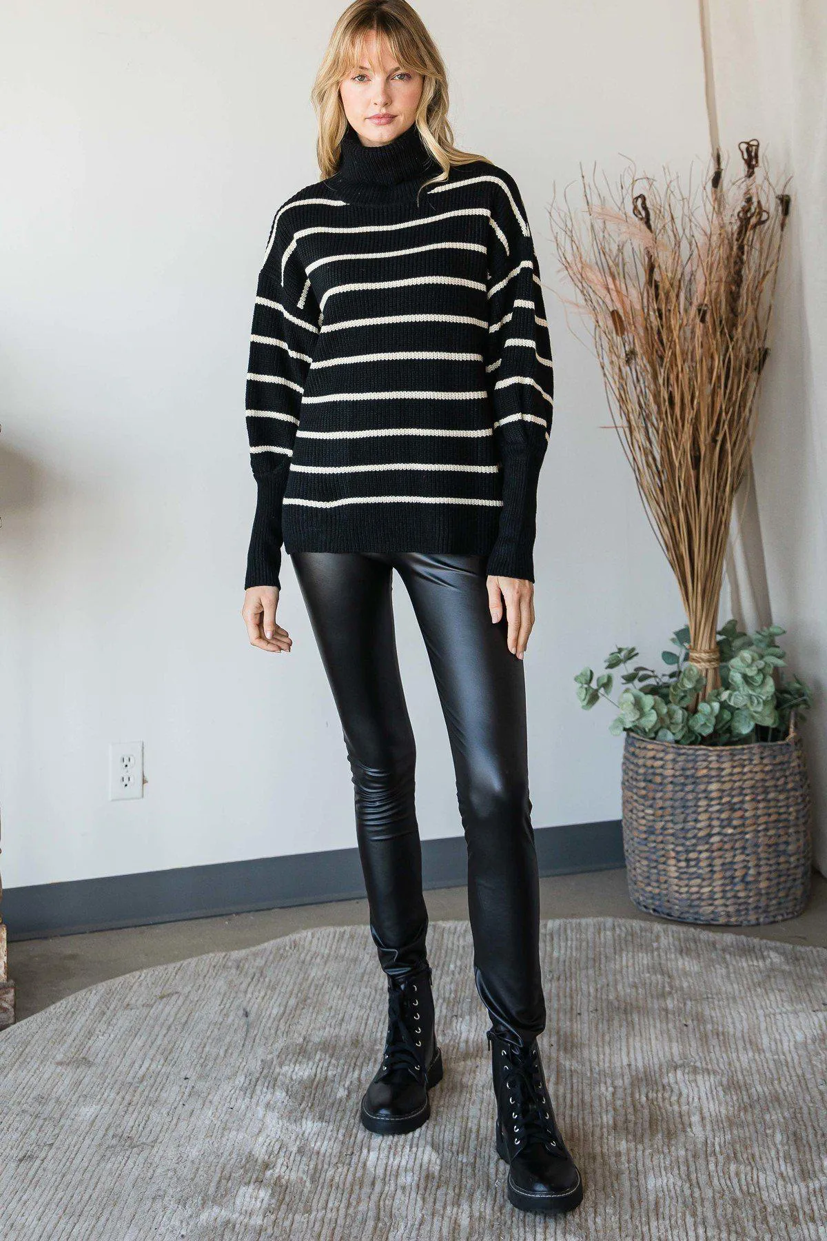 Blue Zone Planet |  Heavy Knit Striped Turtle Neck Knit Sweater
