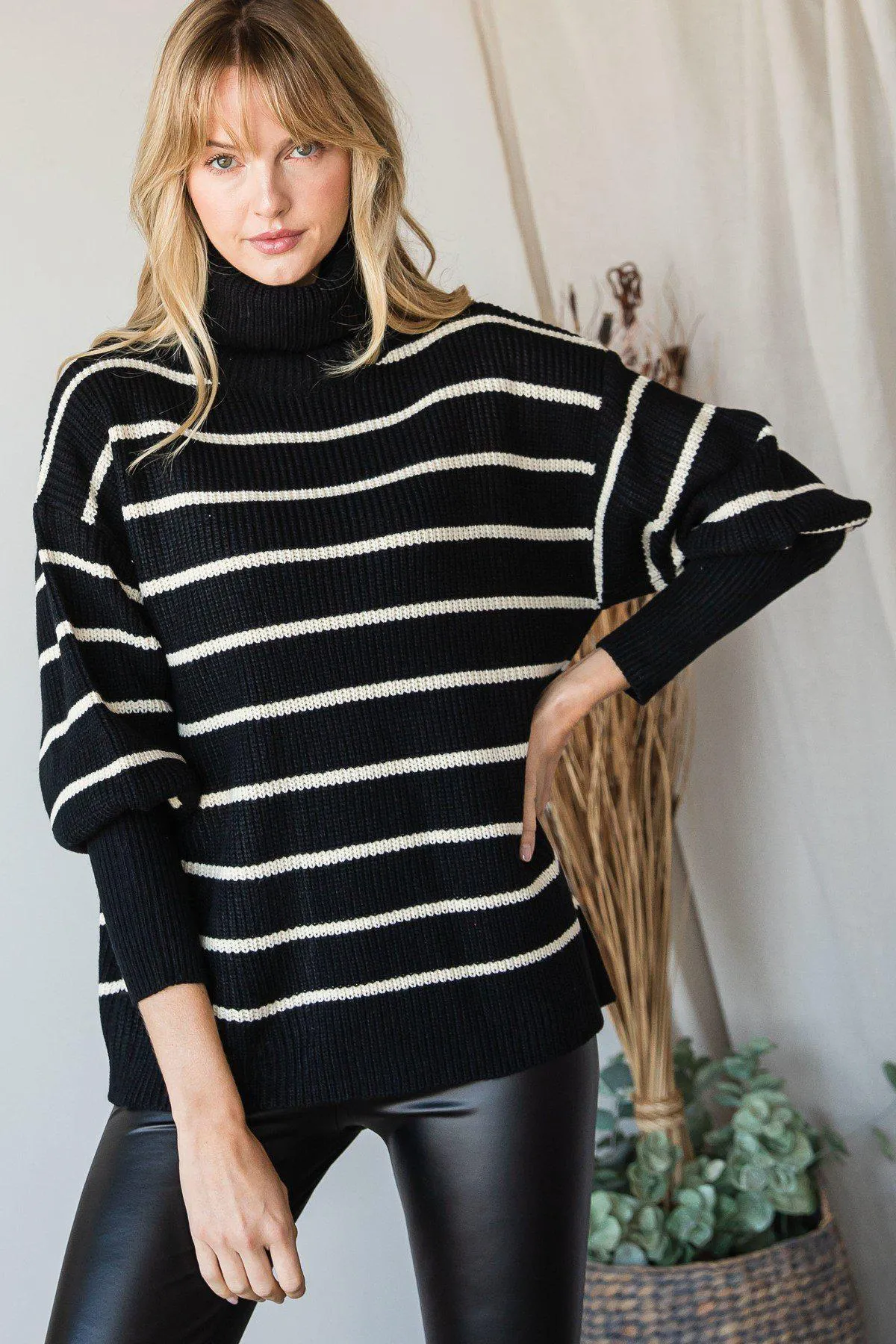 Blue Zone Planet |  Heavy Knit Striped Turtle Neck Knit Sweater
