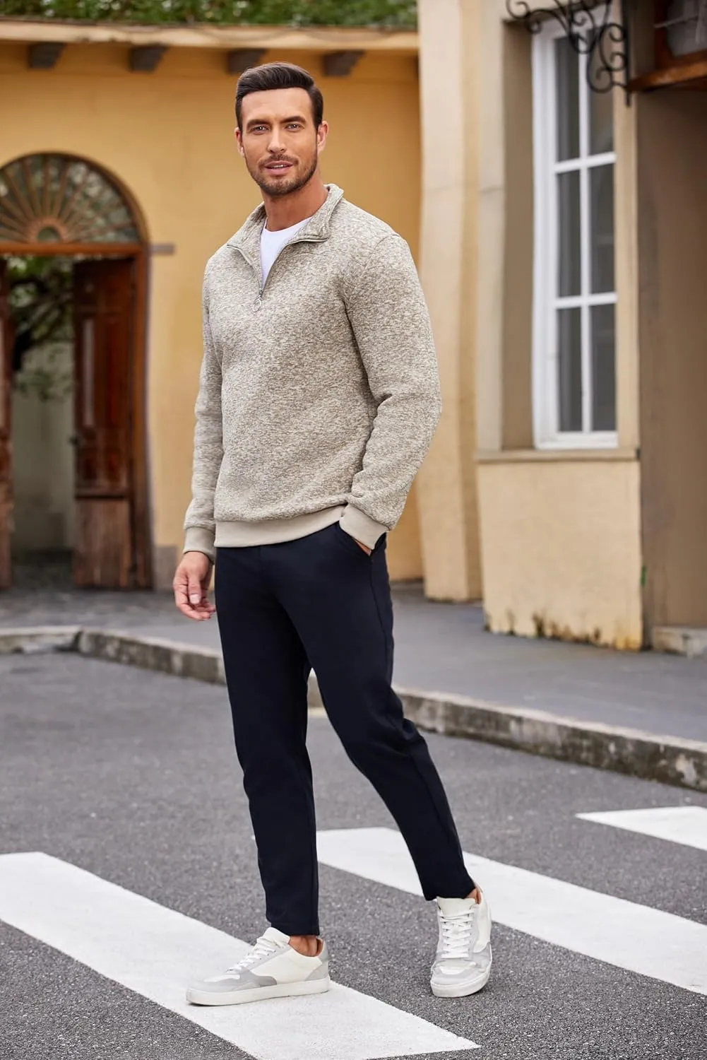 COOFANDY Men's Quarter Zip Pullover Casual Long Sleeve Sweater Slim Fit Sweater Mock Neck Polo Sweater
