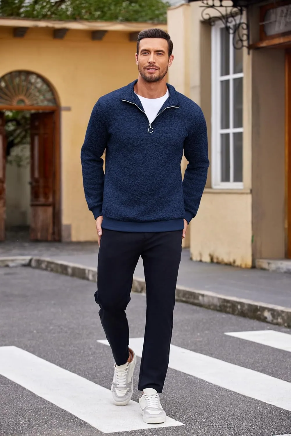 COOFANDY Men's Quarter Zip Pullover Casual Long Sleeve Sweater Slim Fit Sweater Mock Neck Polo Sweater