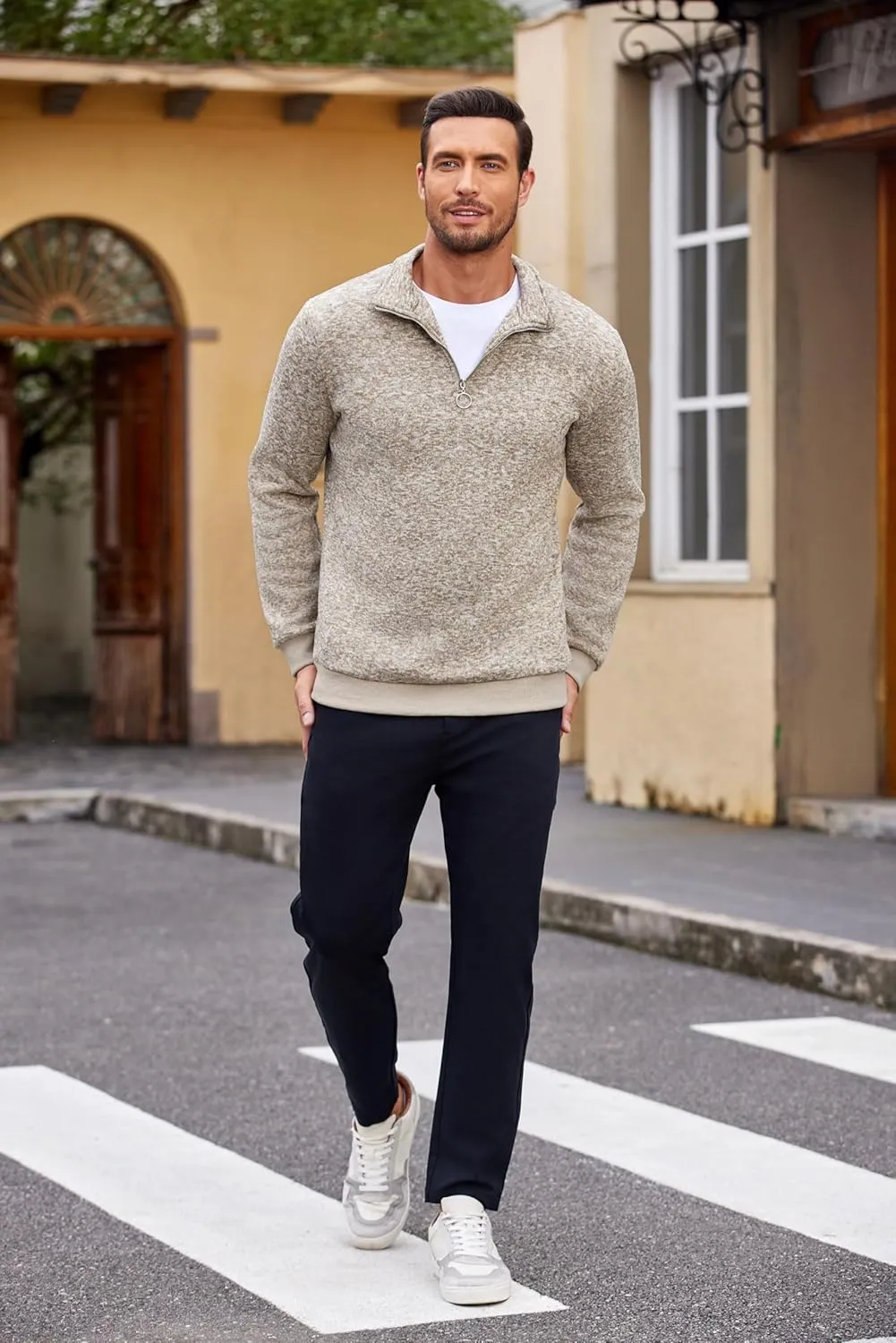 COOFANDY Men's Quarter Zip Pullover Casual Long Sleeve Sweater Slim Fit Sweater Mock Neck Polo Sweater