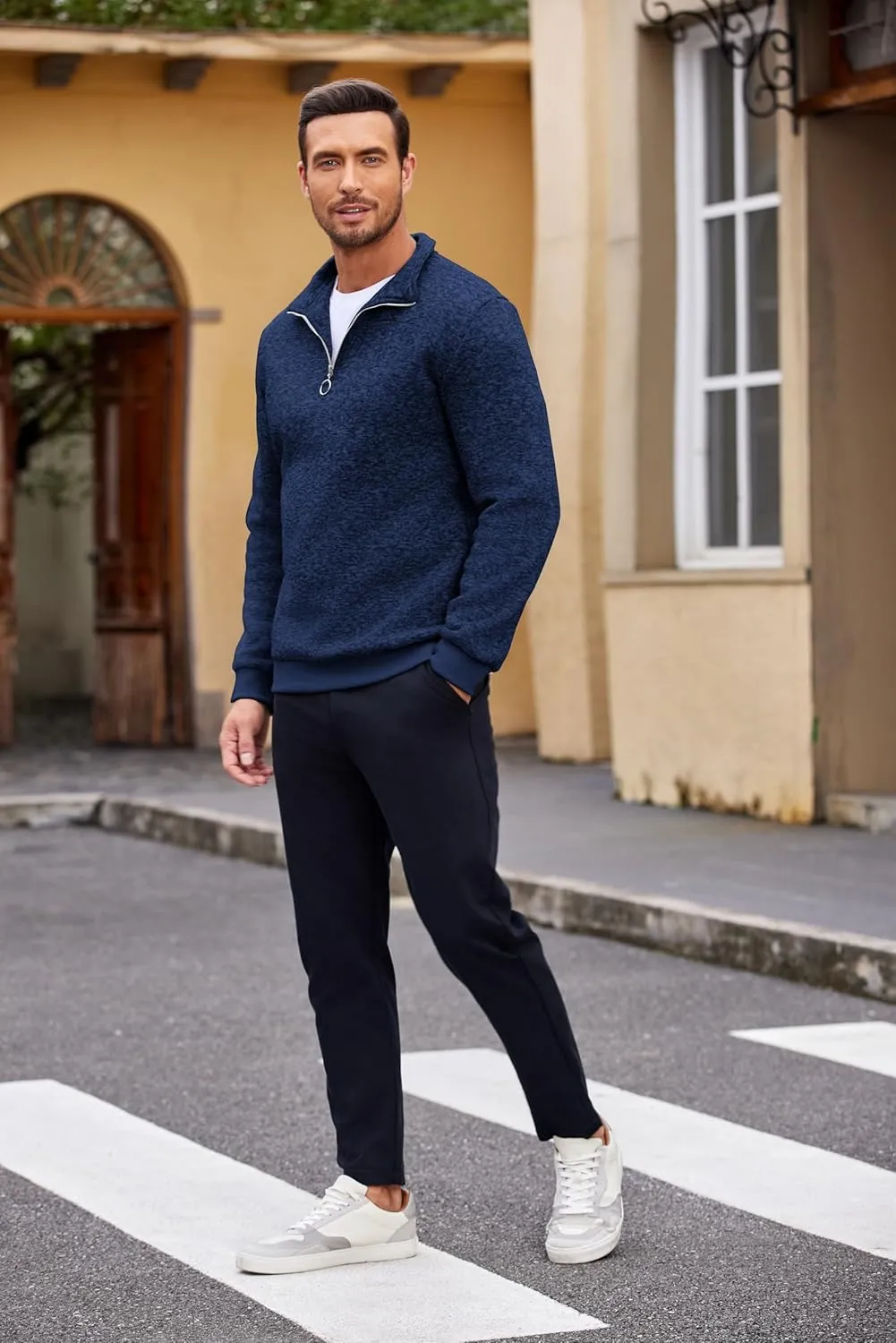 COOFANDY Men's Quarter Zip Pullover Casual Long Sleeve Sweater Slim Fit Sweater Mock Neck Polo Sweater