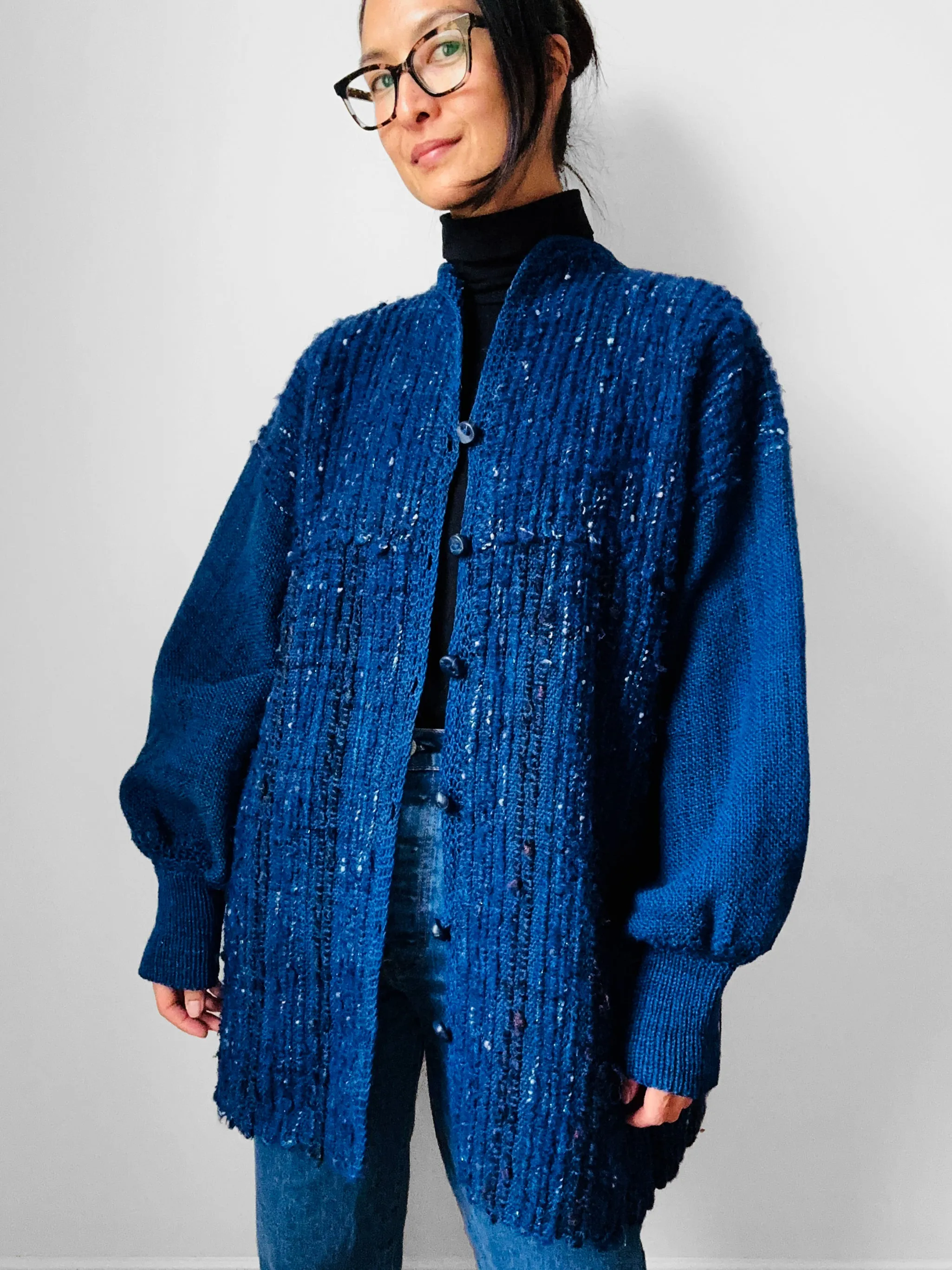 Deep Indigo Blue Heavy Loomed Wool Button Front Knit Sweater Cardigan - O/S