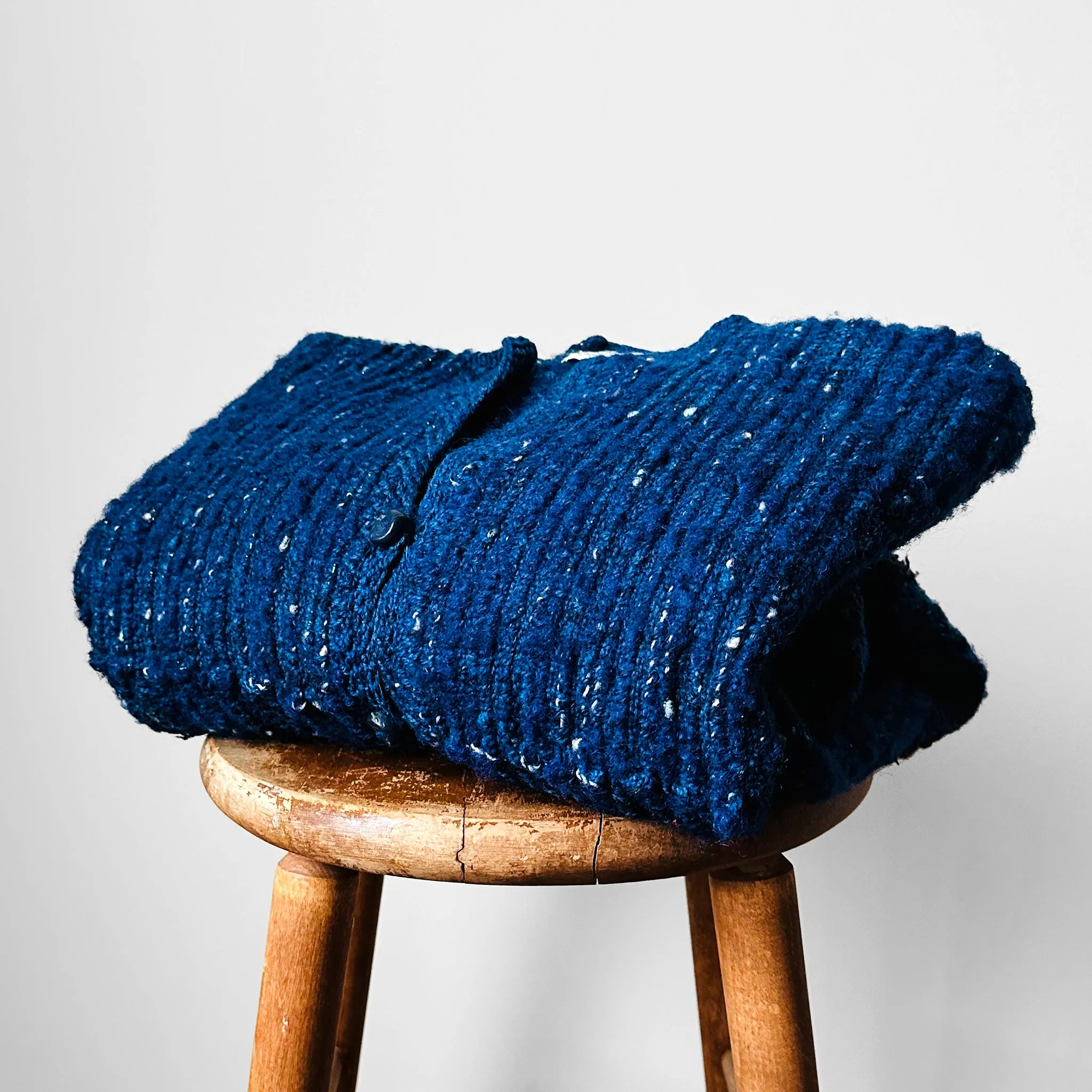 Deep Indigo Blue Heavy Loomed Wool Button Front Knit Sweater Cardigan - O/S