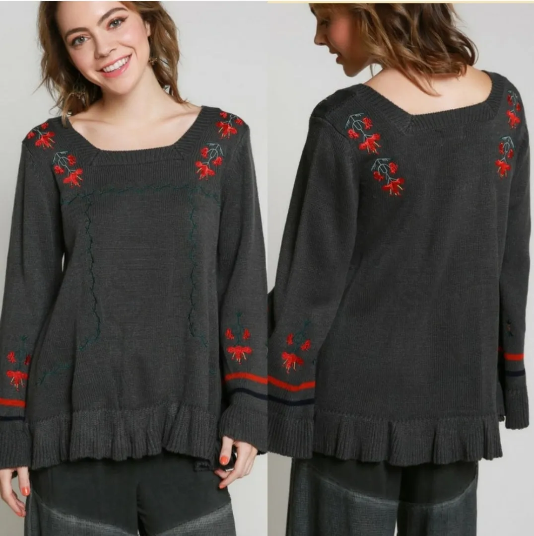 Embroidered Bell Sleeve Sweater