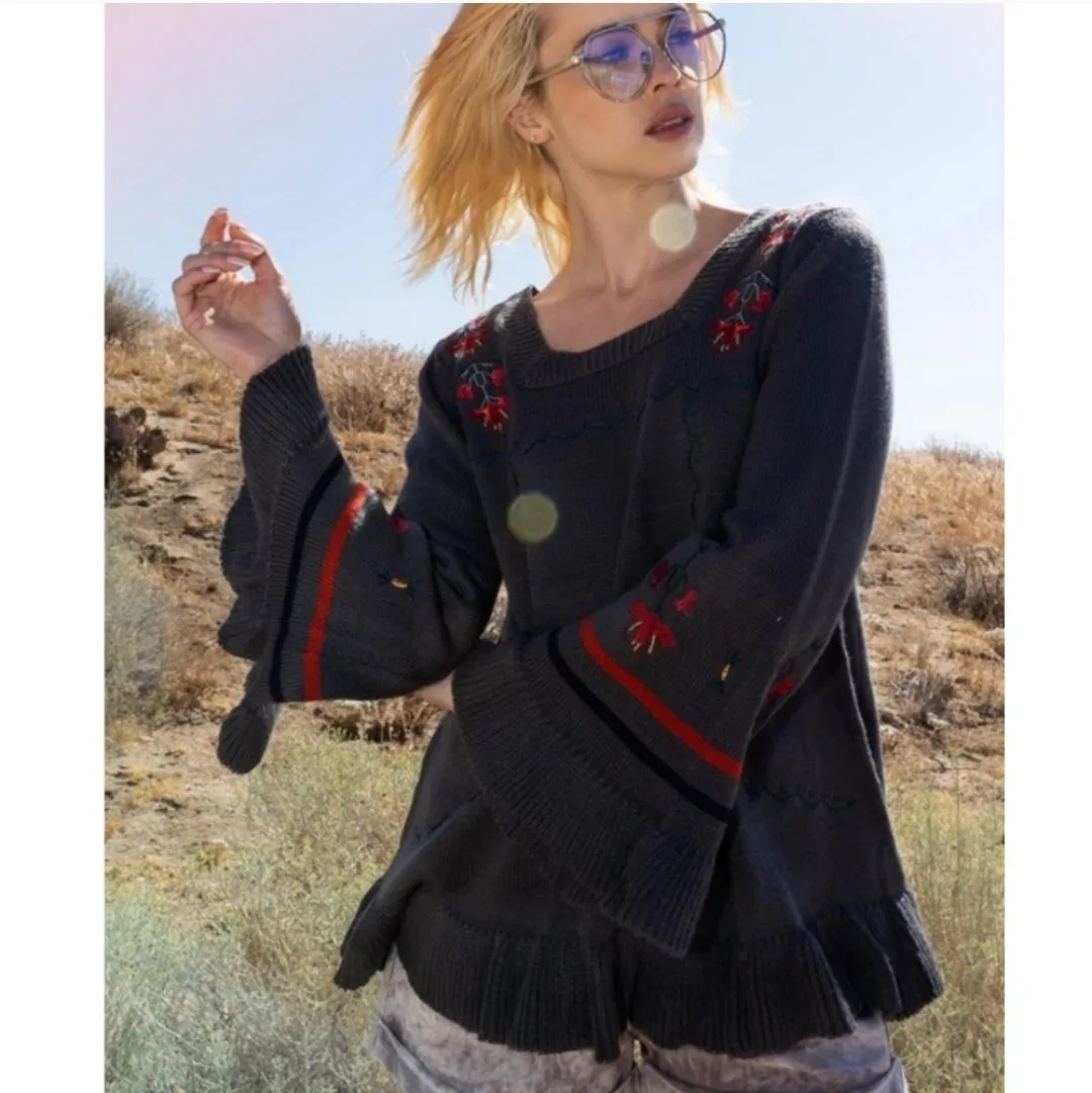 Embroidered Bell Sleeve Sweater