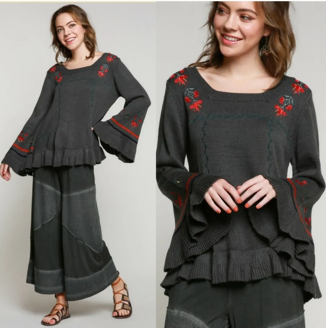 Embroidered Bell Sleeve Sweater