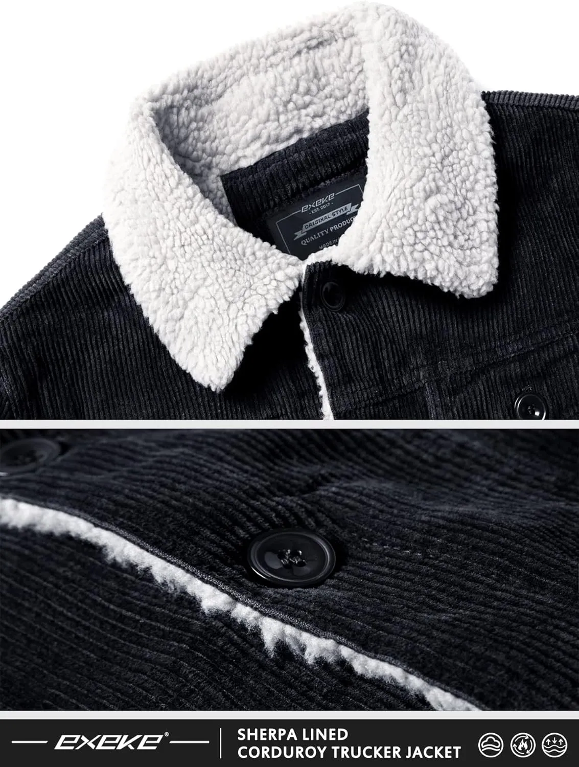 EXEKE Men's Corduroy Jacket Sherpa Lined Trucker Jacket Thickened Thermal Winter Jacket