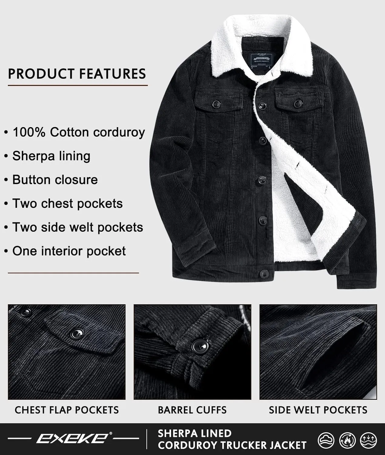 EXEKE Men's Corduroy Jacket Sherpa Lined Trucker Jacket Thickened Thermal Winter Jacket