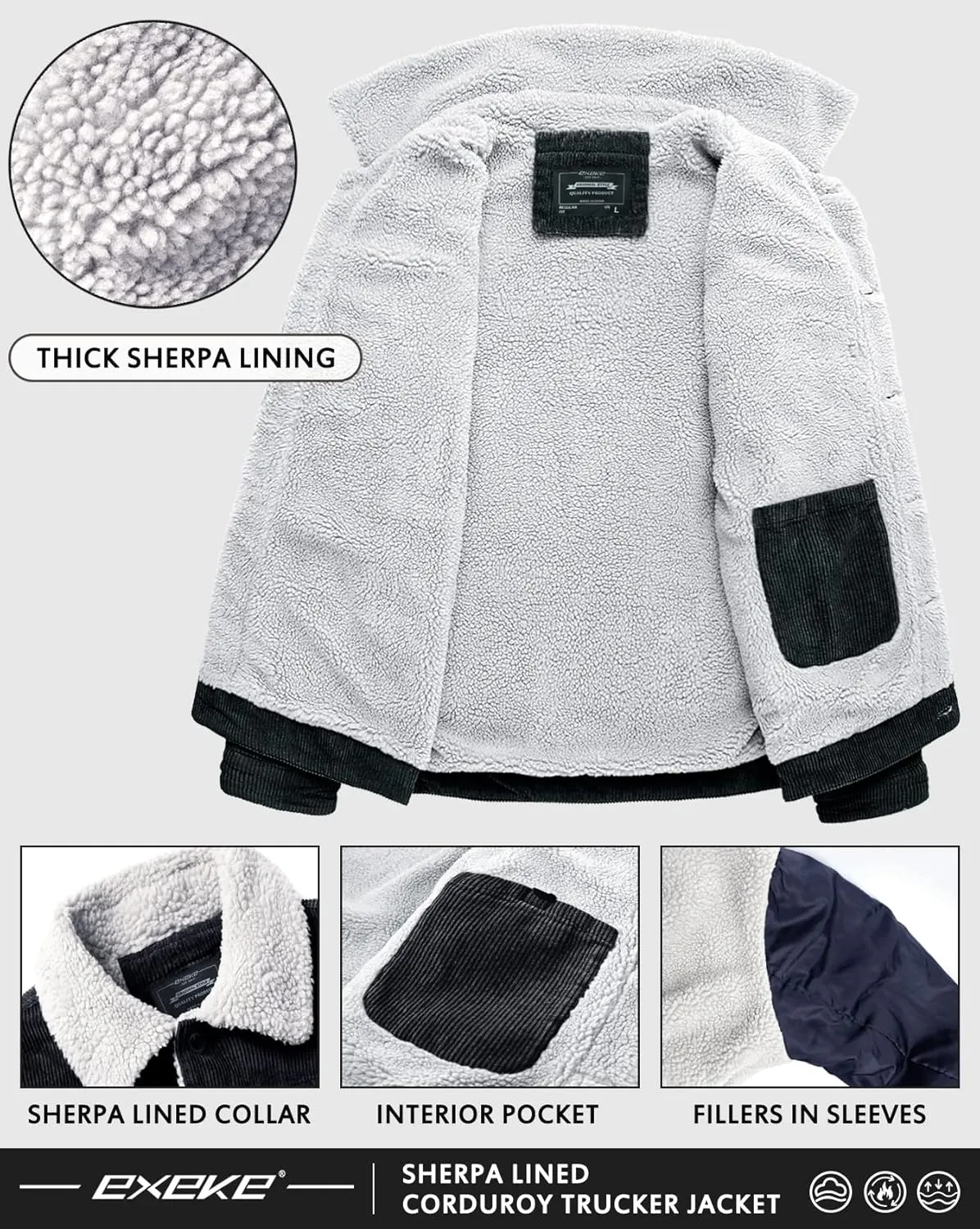 EXEKE Men's Corduroy Jacket Sherpa Lined Trucker Jacket Thickened Thermal Winter Jacket