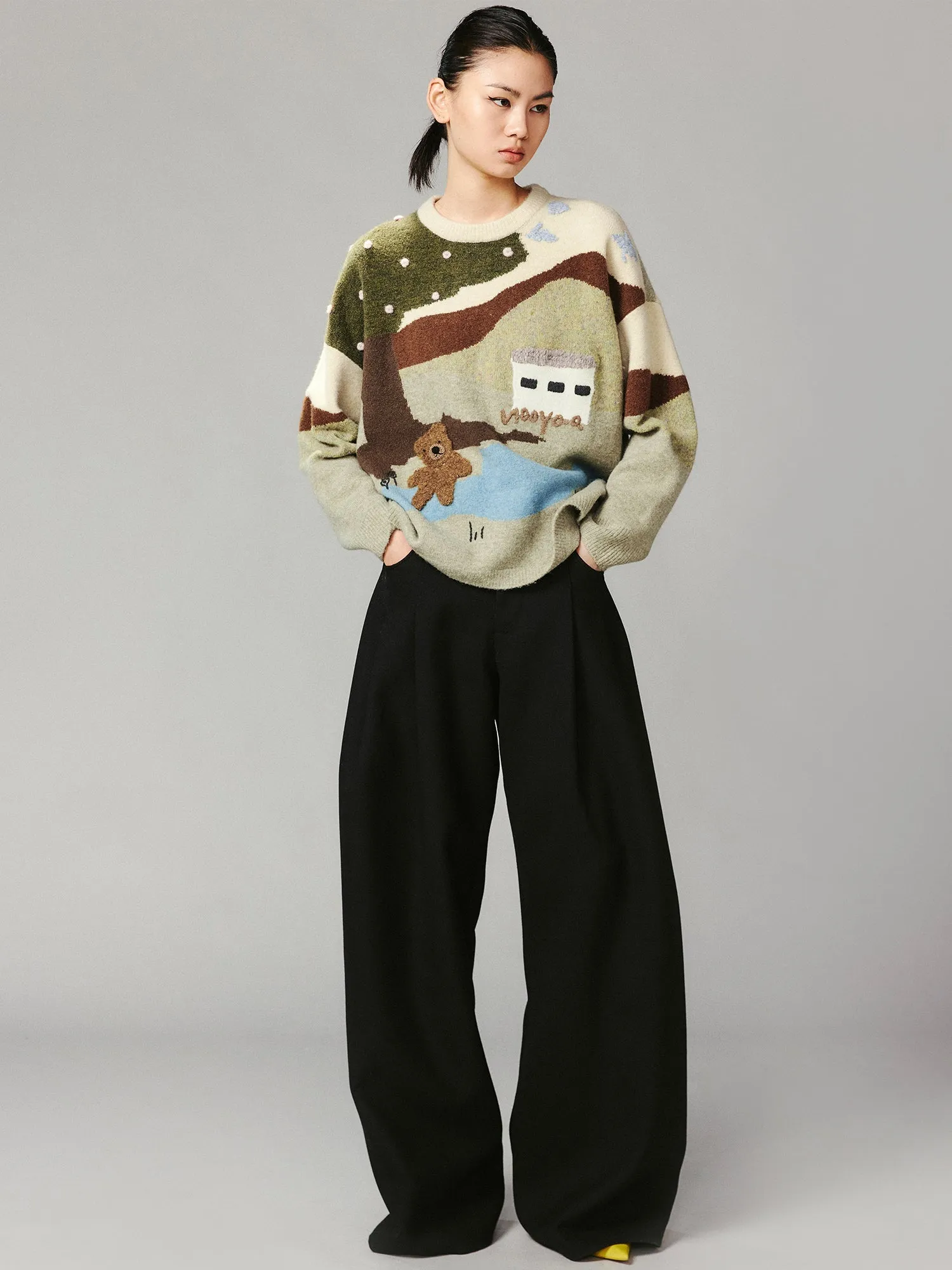 Fine wool double-pleated wide-leg suit trousers