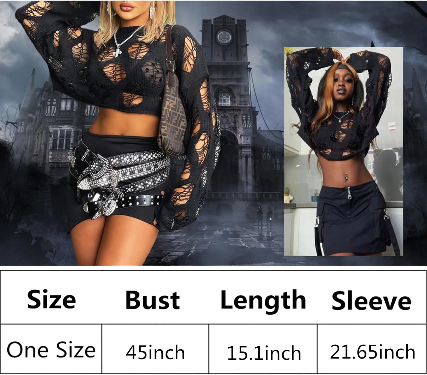 Goth Y2K Striped Sweater Ripped Punk Gothic Sweaters for Women Harajuku Aesthetic Halloween Pullover Tops