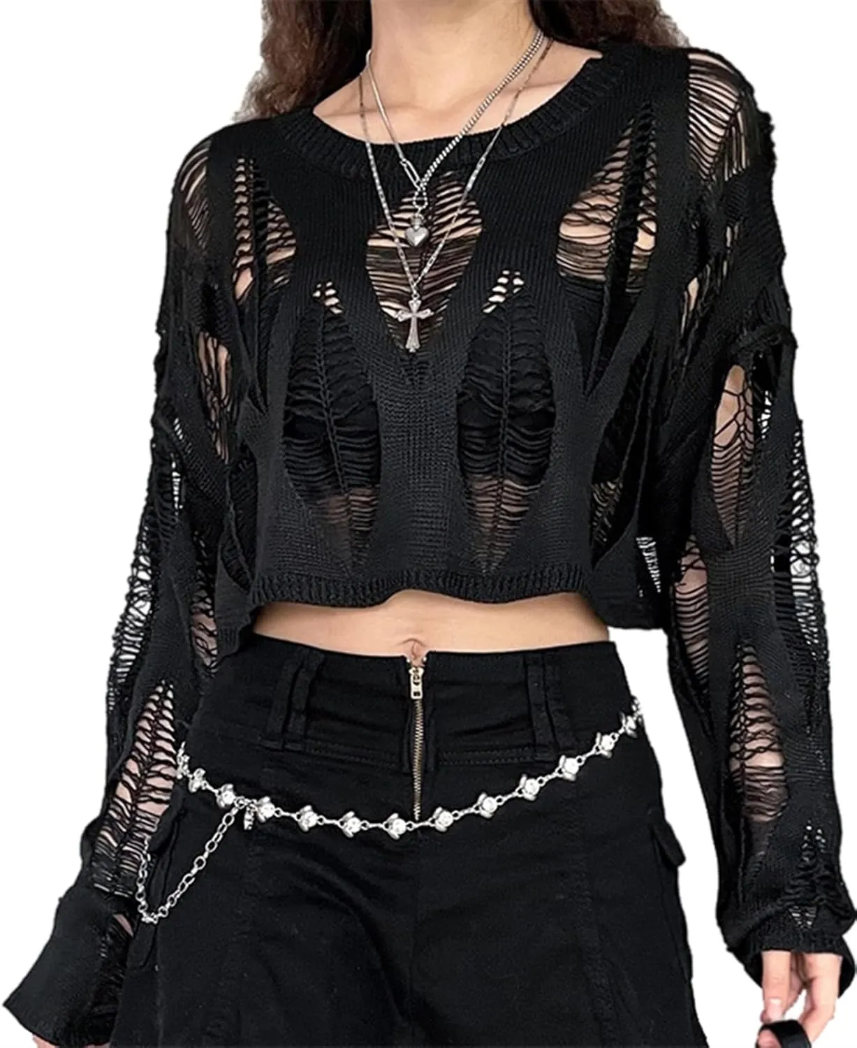 Goth Y2K Striped Sweater Ripped Punk Gothic Sweaters for Women Harajuku Aesthetic Halloween Pullover Tops
