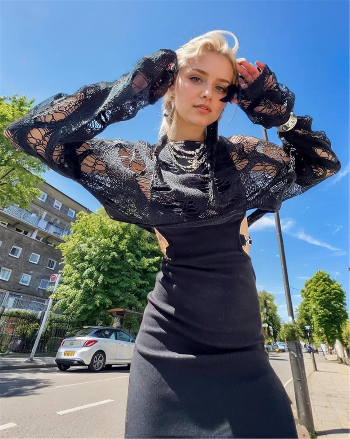 Goth Y2K Striped Sweater Ripped Punk Gothic Sweaters for Women Harajuku Aesthetic Halloween Pullover Tops