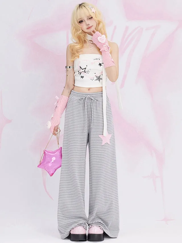 Grey Star Patch Straight-leg Cut Striped Casual Sweat Pants