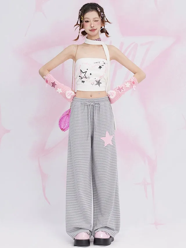 Grey Star Patch Straight-leg Cut Striped Casual Sweat Pants