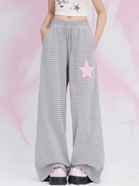 Grey Star Patch Straight-leg Cut Striped Casual Sweat Pants