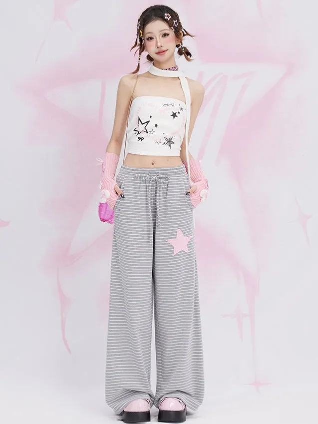 Grey Star Patch Straight-leg Cut Striped Casual Sweat Pants