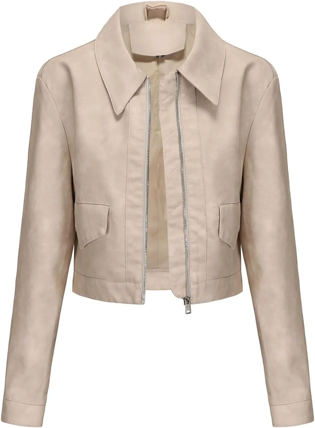HGps8w Women's Cropped Faux Leather Jacket, Chic Lapel Zipper Up Casual PU Moto Bike Coat Outwear with Pockets