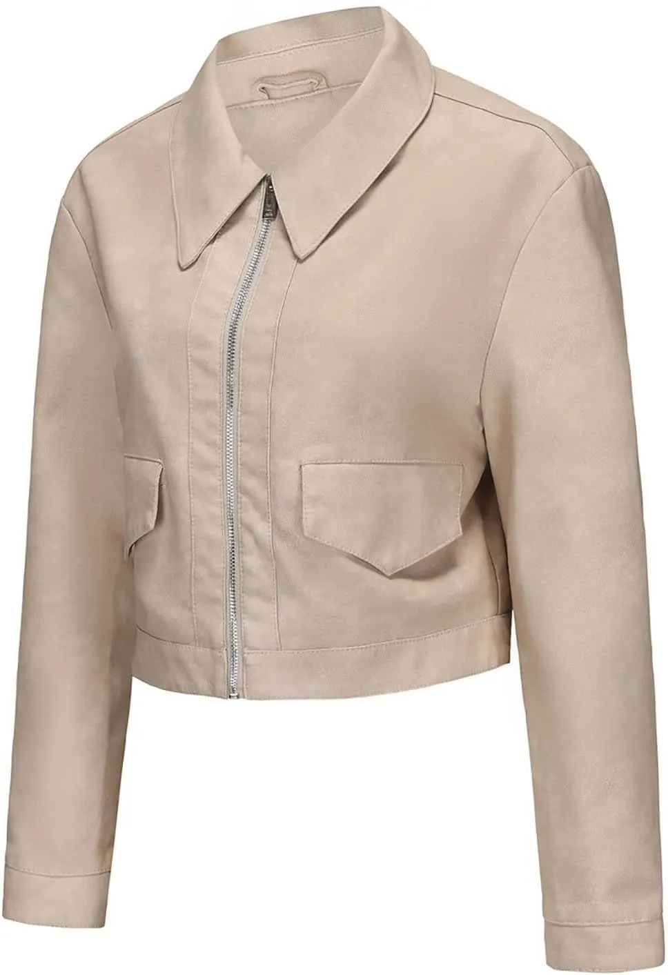 HGps8w Women's Cropped Faux Leather Jacket, Chic Lapel Zipper Up Casual PU Moto Bike Coat Outwear with Pockets
