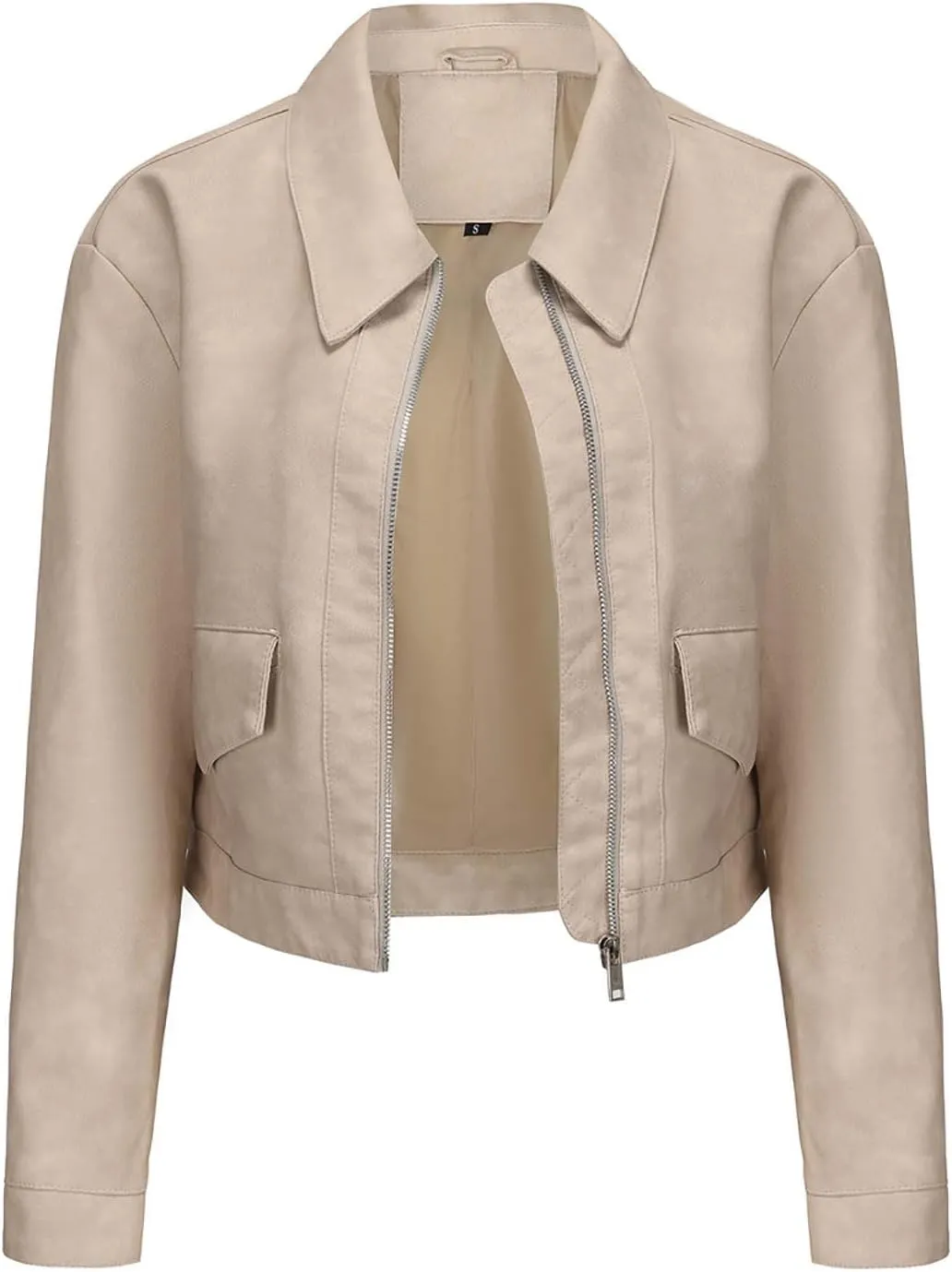 HGps8w Women's Cropped Faux Leather Jacket, Chic Lapel Zipper Up Casual PU Moto Bike Coat Outwear with Pockets