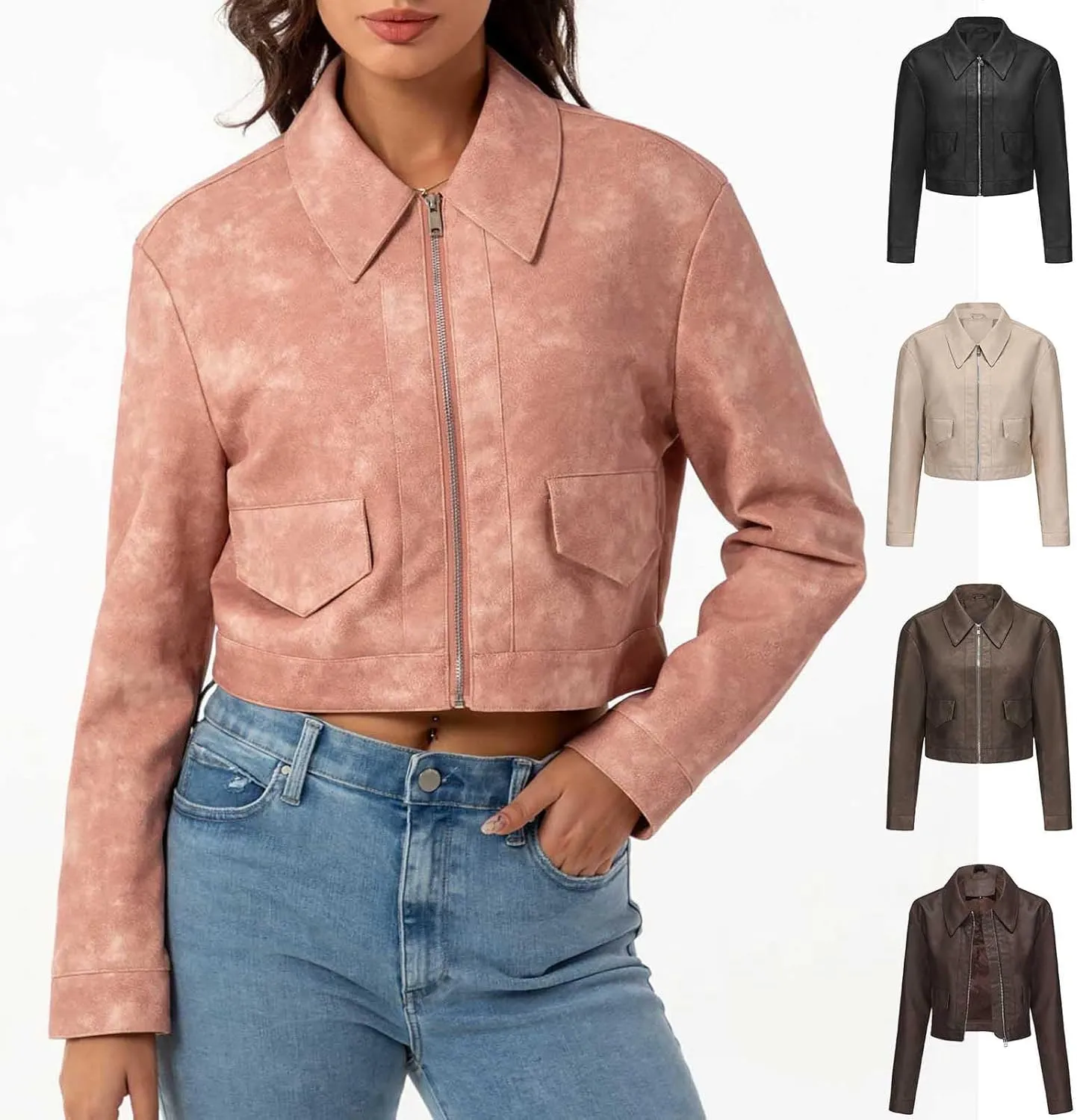 HGps8w Women's Cropped Faux Leather Jacket, Chic Lapel Zipper Up Casual PU Moto Bike Coat Outwear with Pockets