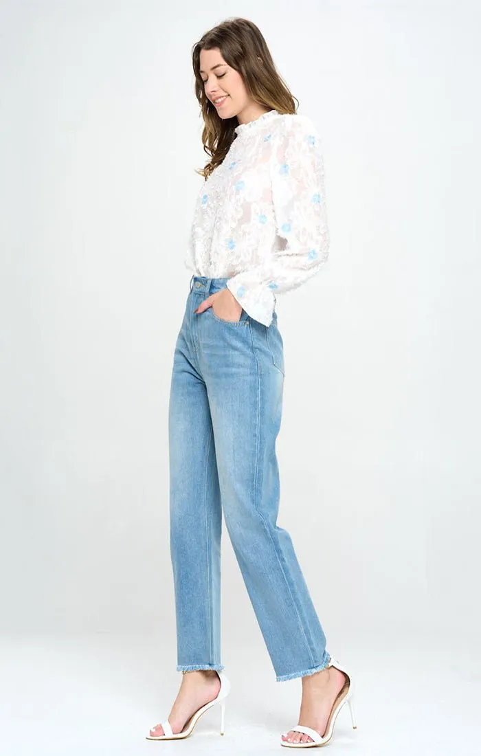 HIGH WAISTED FRAYED HEM CROPPED STRAIGHT JEANS