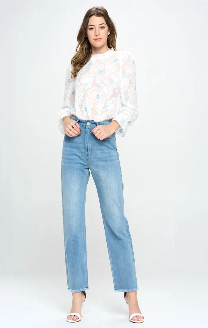 HIGH WAISTED FRAYED HEM CROPPED STRAIGHT JEANS
