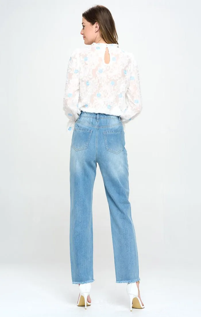HIGH WAISTED FRAYED HEM CROPPED STRAIGHT JEANS