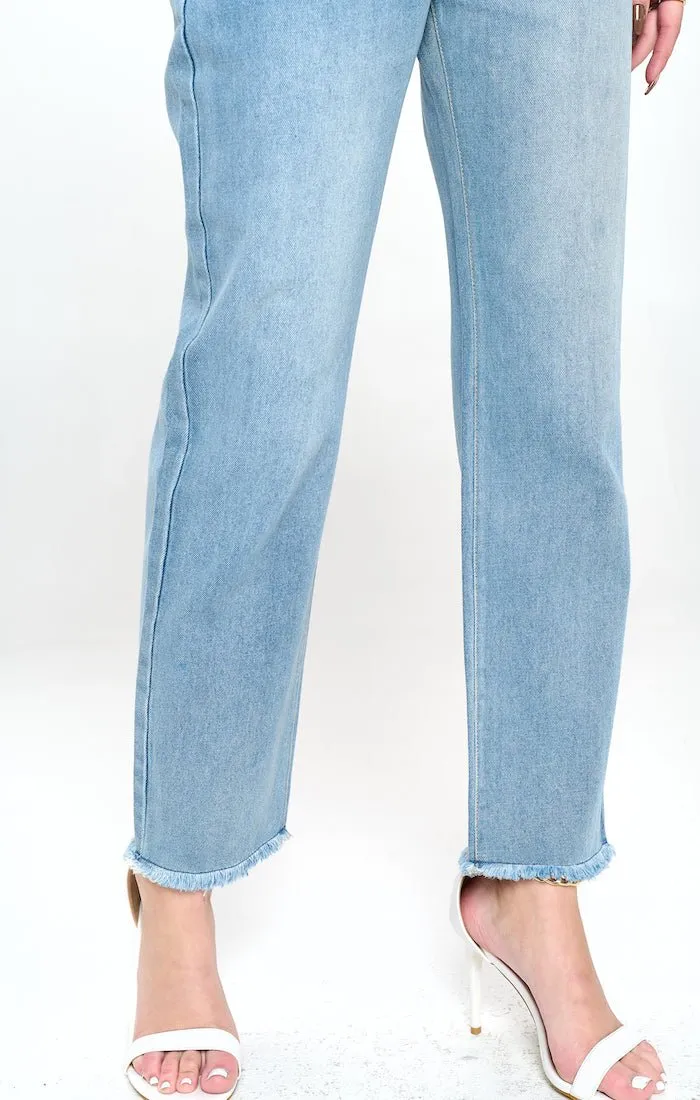 HIGH WAISTED FRAYED HEM CROPPED STRAIGHT JEANS