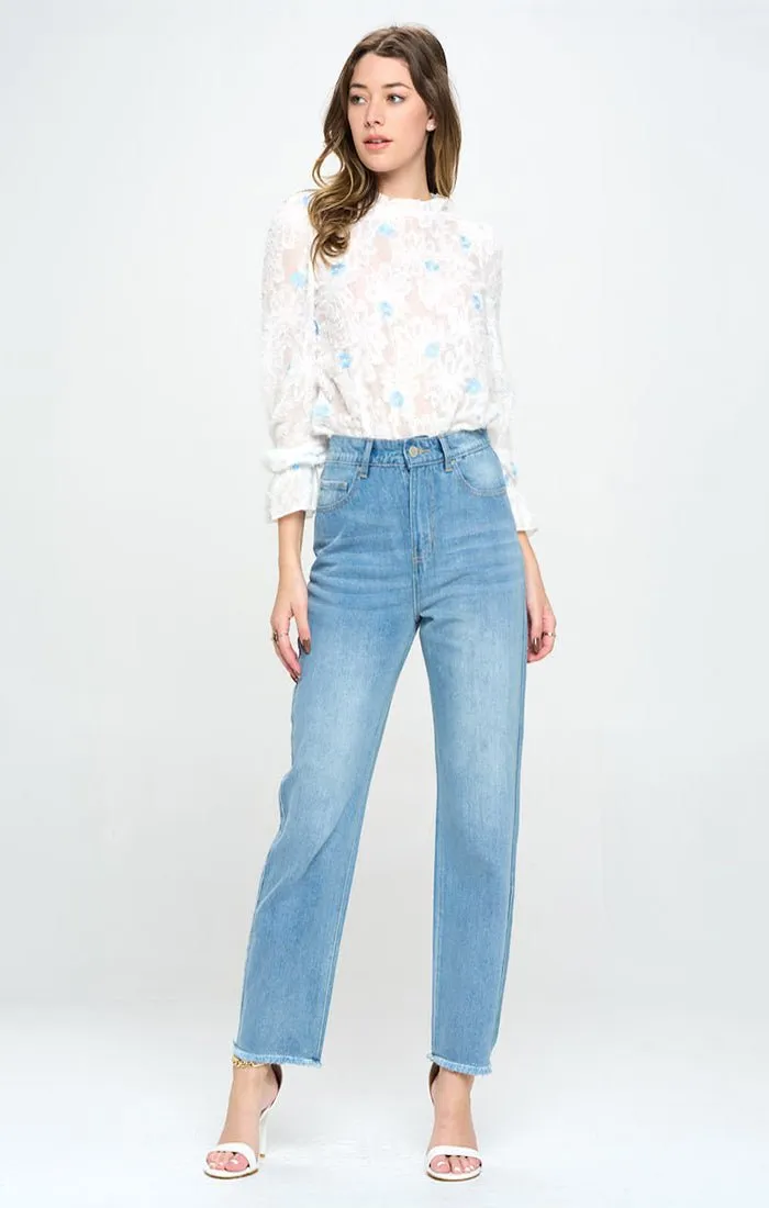 HIGH WAISTED FRAYED HEM CROPPED STRAIGHT JEANS
