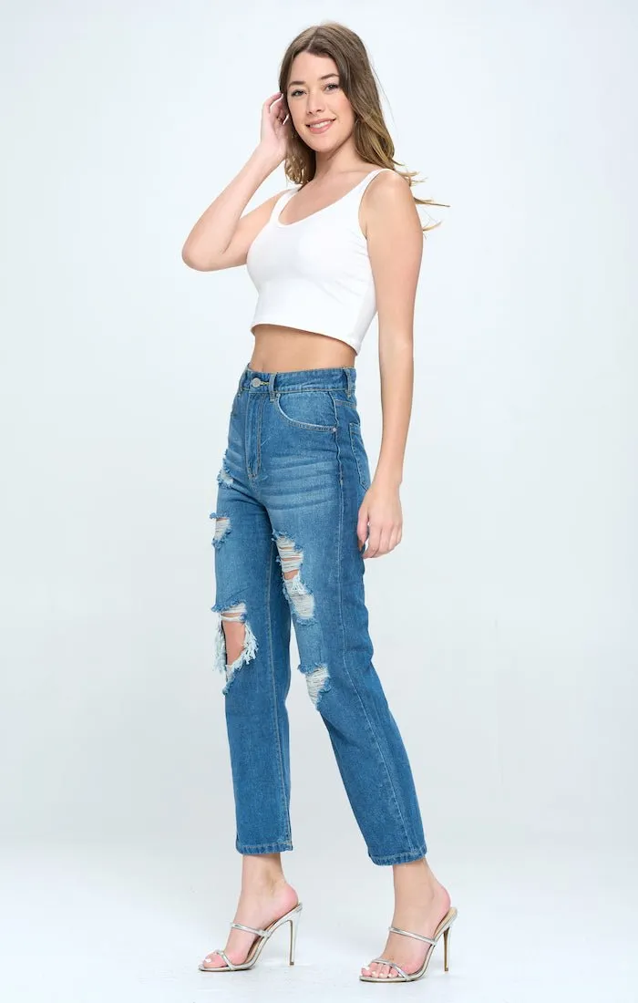 HIGH WAISTED RIPPED ANKLE SLIM STRAIGHT JEANS