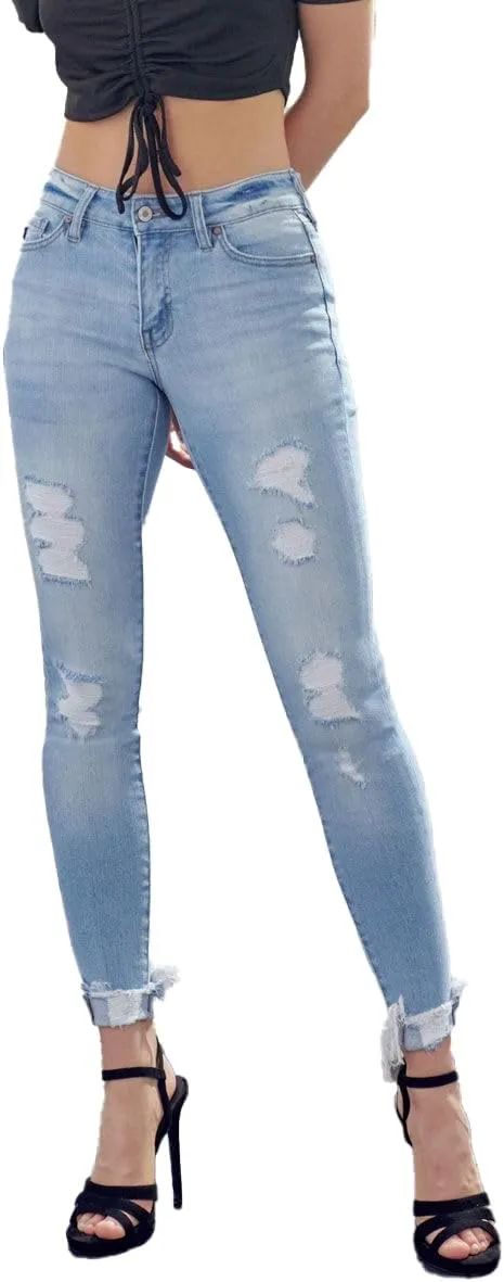 Kan Can Women's high Rise Distressed Ankle Skinny Jeans