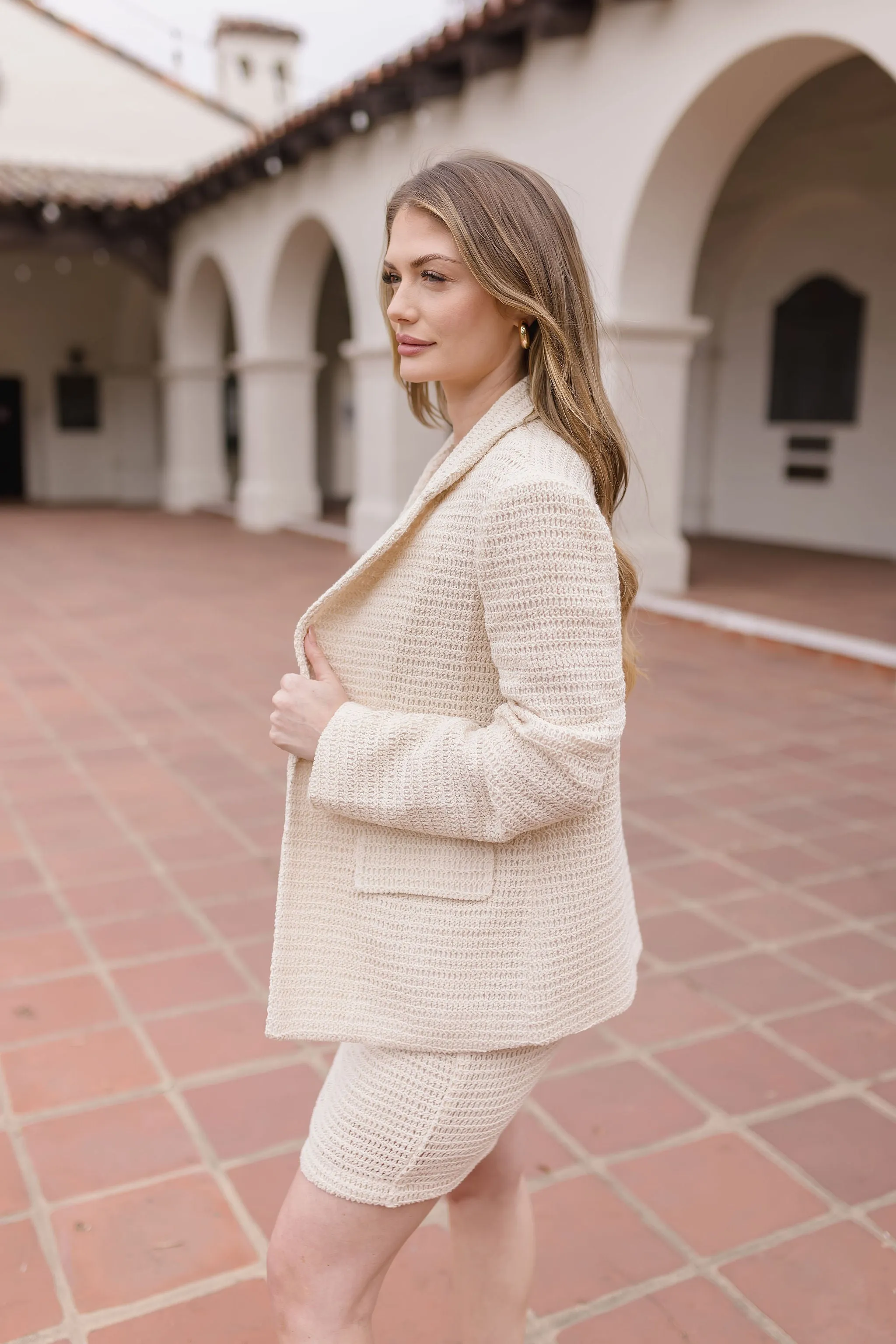 Mara Long Sleeve Open Front Crochet Knit Blazer Black Natural