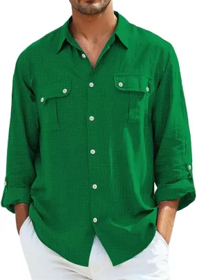 Men's Cotton Linen Shirts Retro Multi-Pockets Lapel Long Sleeve Workwear Breathable Quick Dry Summer Tropical Tops