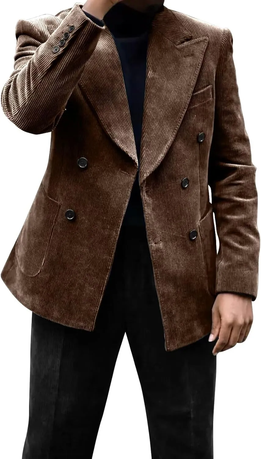 Men's Green Corduroy Cotton Slim Fit Casual Long Sleeve Peak Lapel Blazer for Men, Formal and Informal Events