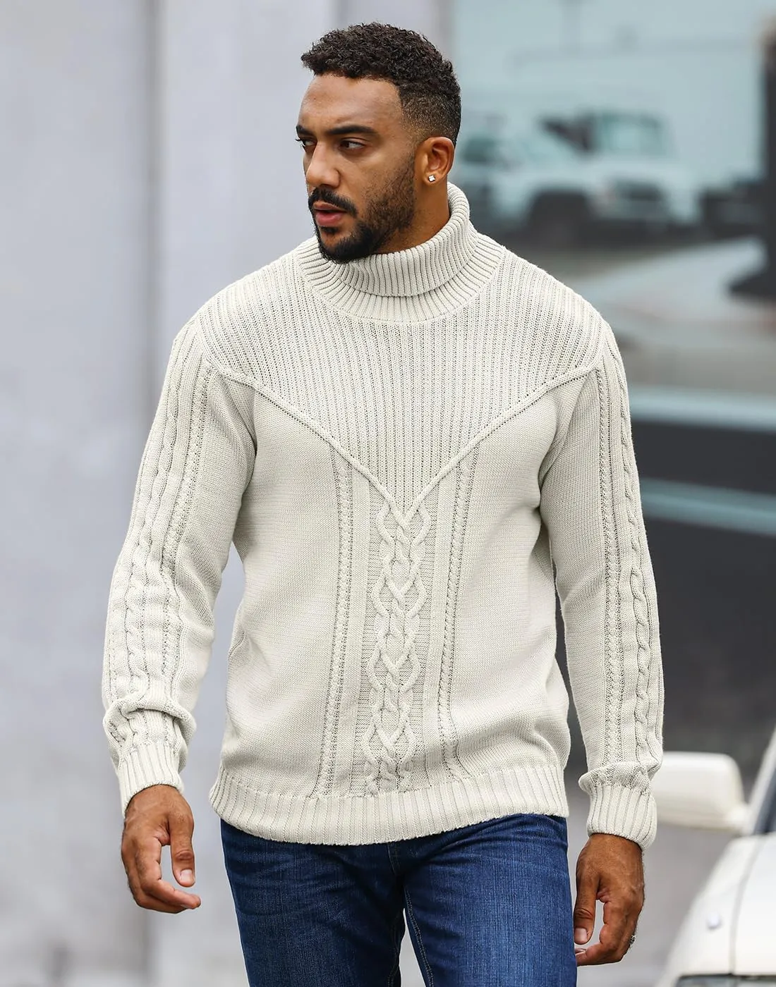 Men's Turtleneck Sweater Cable Knitted Pullover Sweater