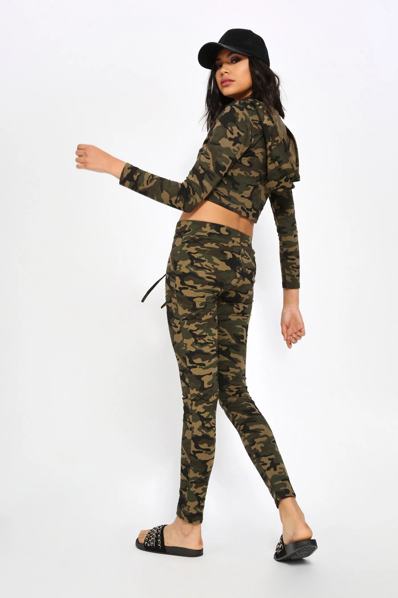 Multi Camo Ripped Cropped V Neck Hoodie