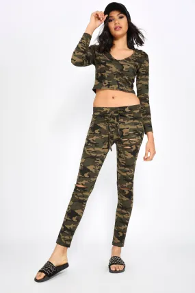 Multi Camo Ripped Cropped V Neck Hoodie