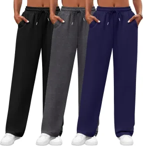 Neer 3 Pack Women's Yoga Pants with Pockets, High Waisted Cozy Lounge Pants Drawstring Sweatpants Loose Wide Leg Jogger