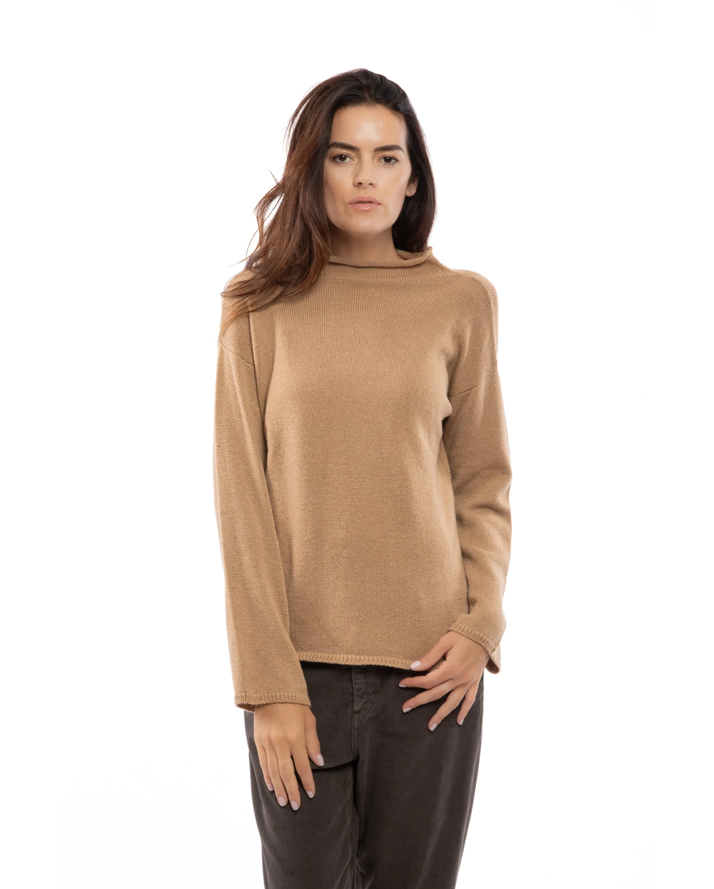 NEW FALL 24 - Women's Woold & Cashmere Wide Funnel Neck Sweater Camel