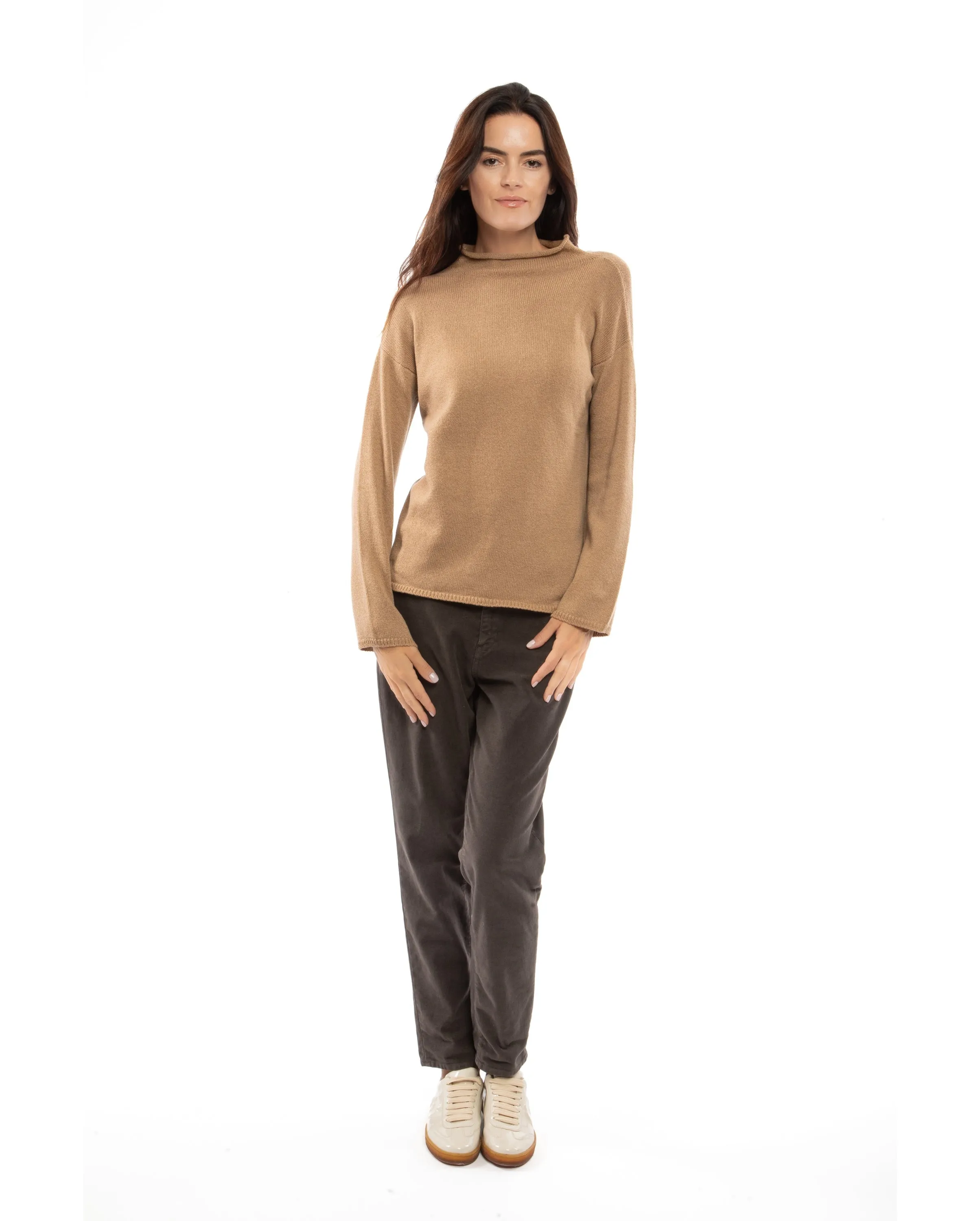 NEW FALL 24 - Women's Woold & Cashmere Wide Funnel Neck Sweater Camel