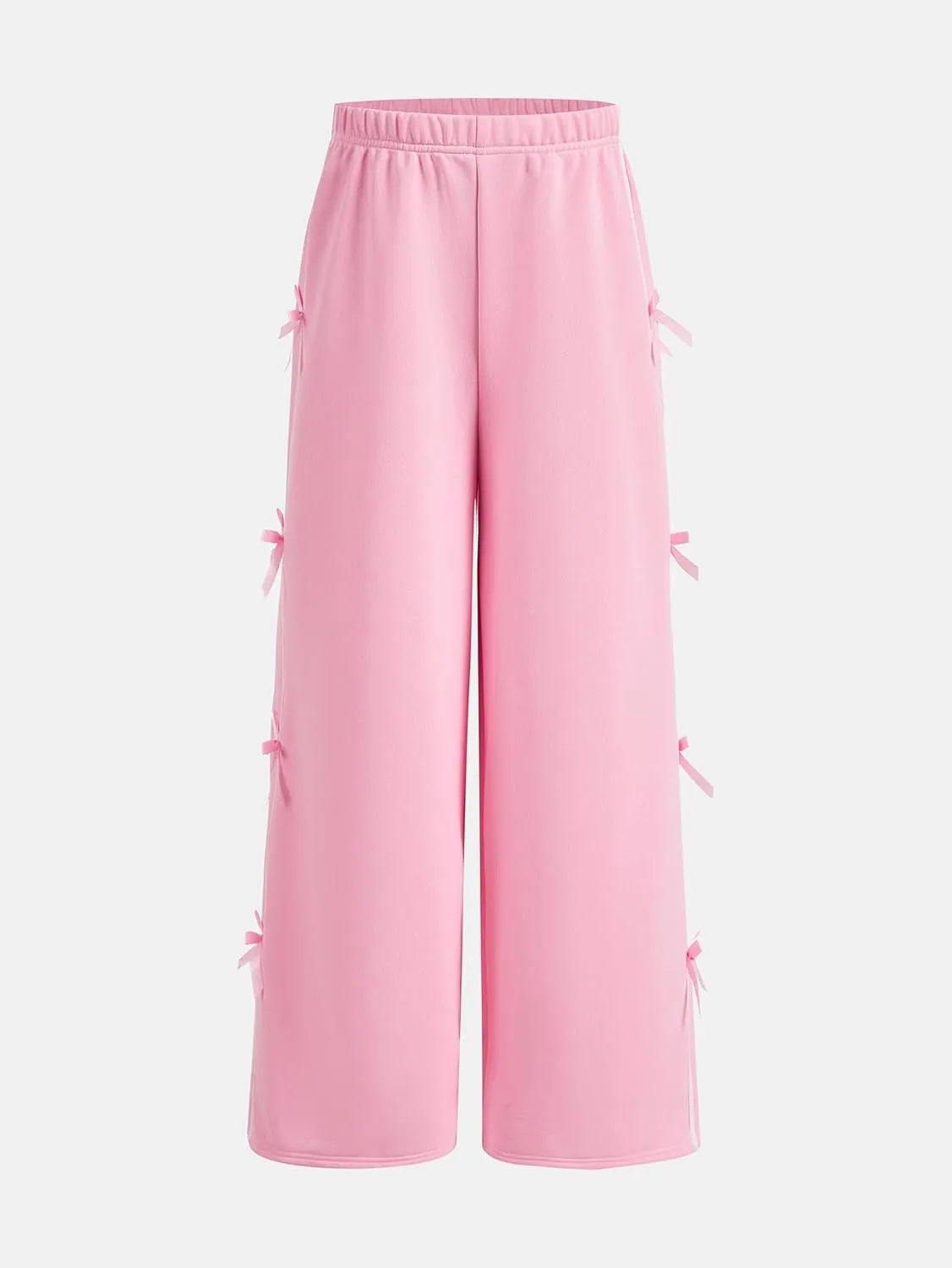 OYOANGLE Girl's Cute Bow Side Elastic Waist Sweatpants Y2K Straight Leg Trousers with Pocket