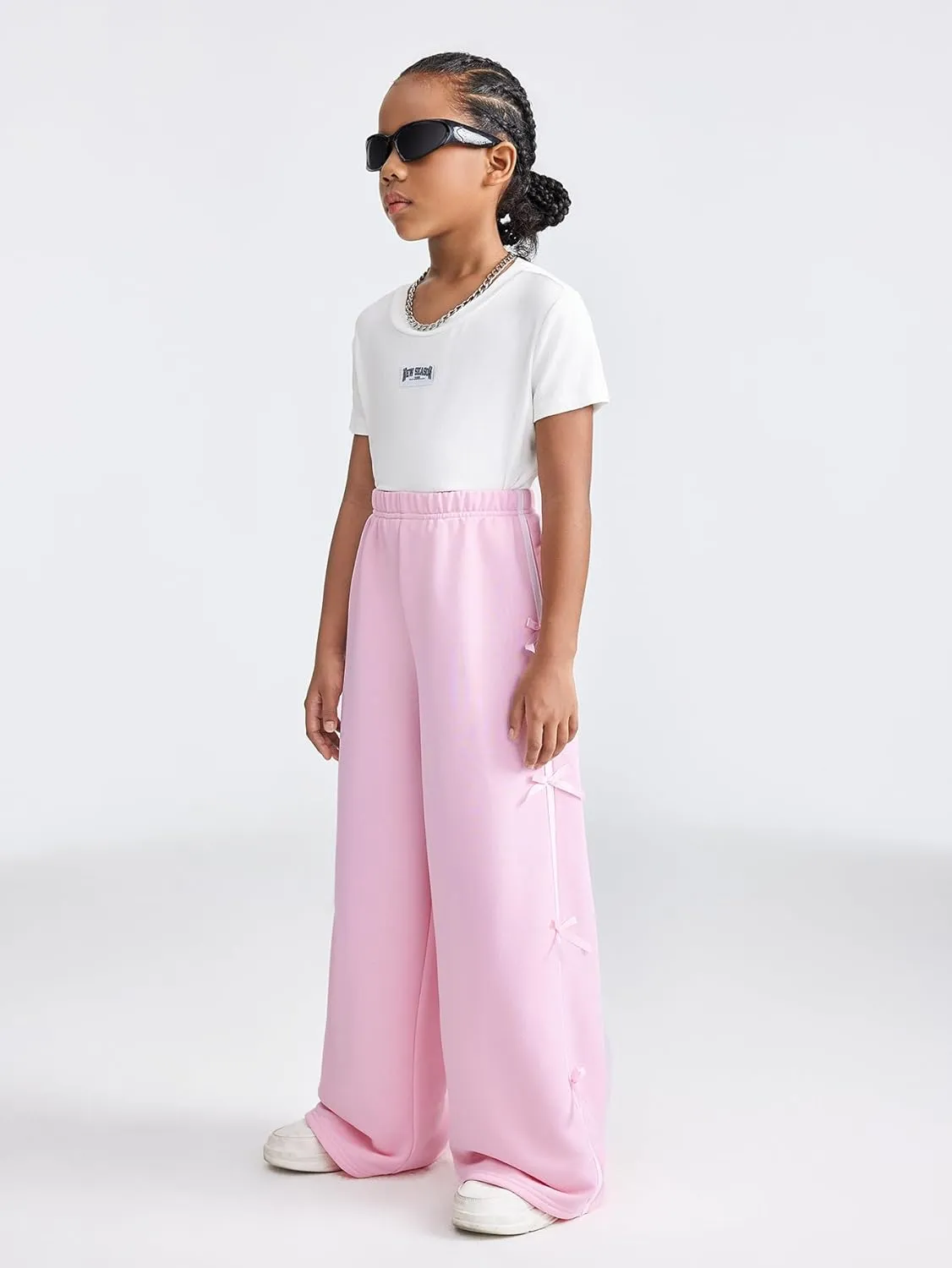 OYOANGLE Girl's Cute Bow Side Elastic Waist Sweatpants Y2K Straight Leg Trousers with Pocket