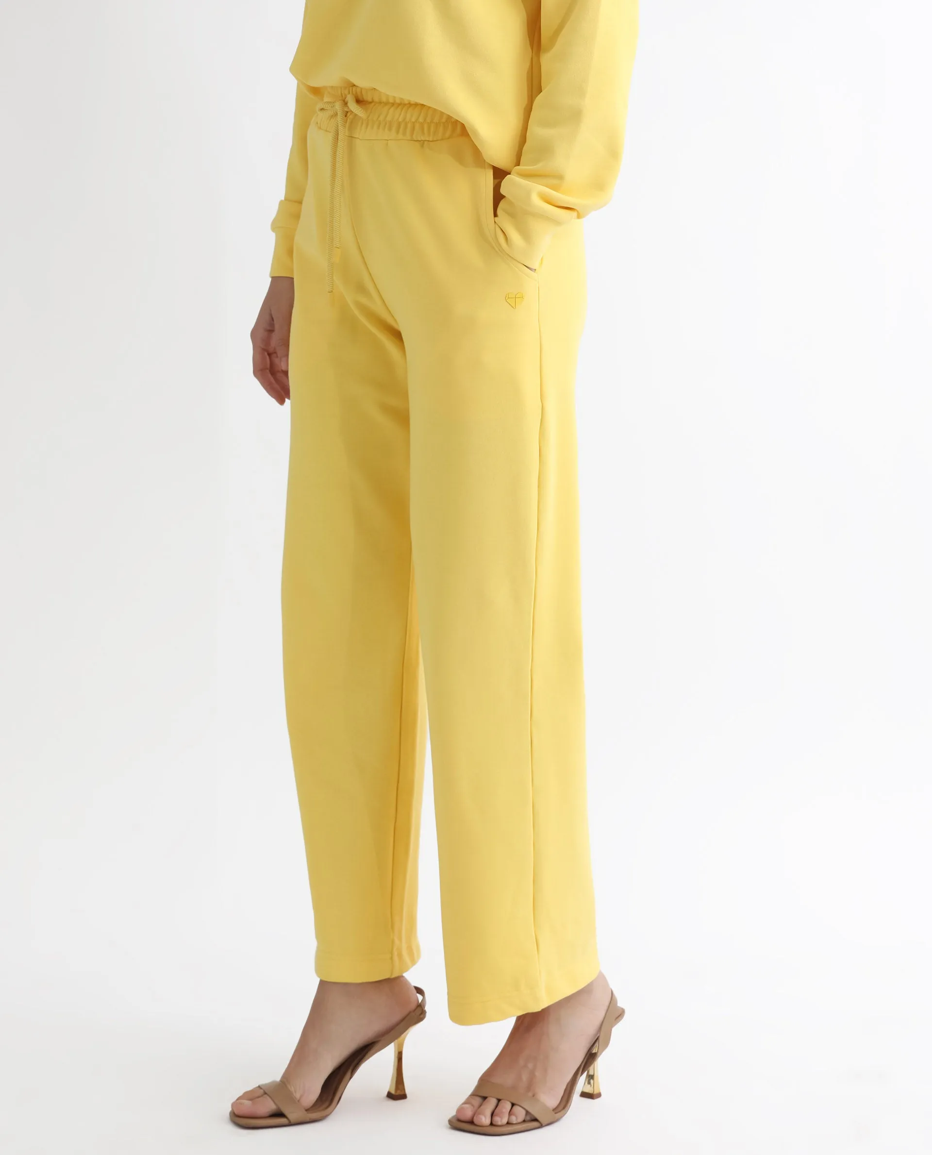 Rareism Articale Women Pazoo T Yellow Cotton Blend Fabric Drawstring Closure Flared Fit Plain Ankle Length Track Pant